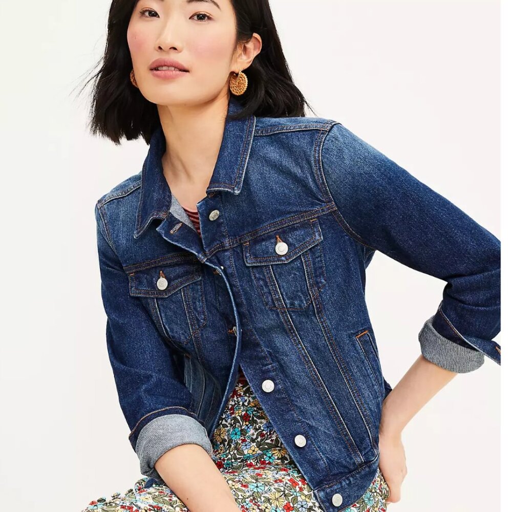 LOFT Distressed Denim Jacket Indigo Wash Size M